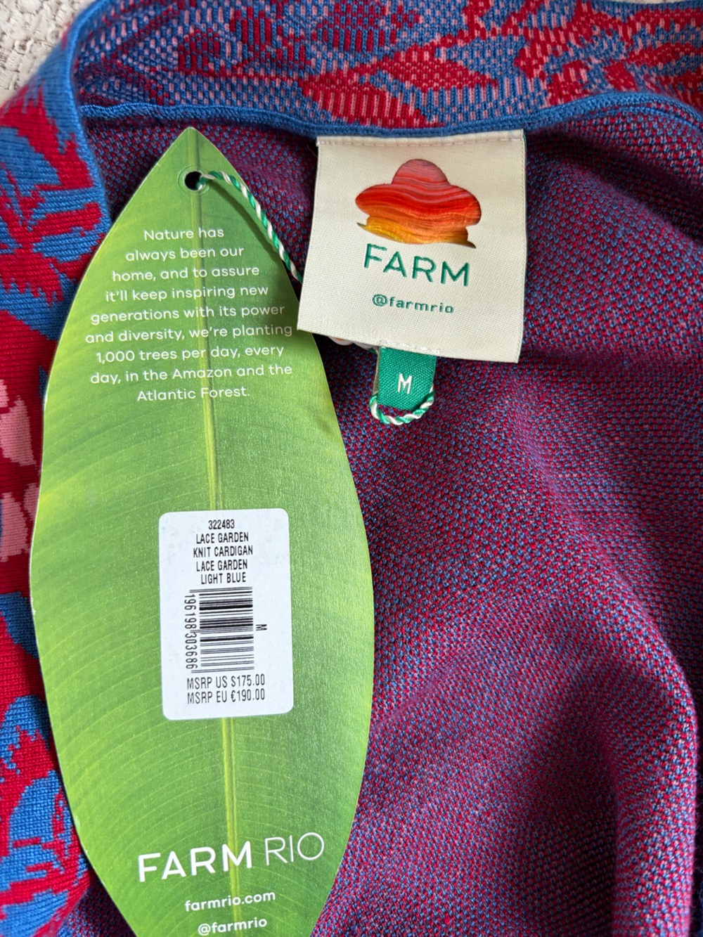FARM Rio Lace Garden Knit Blue and Red Floral V-Neck Cardigan Sweater - Picture 6 of 6